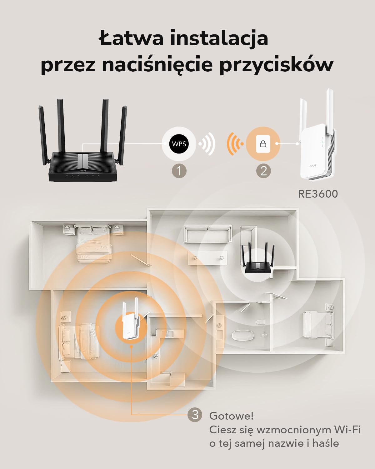 Cudy BE3600 Dwuzakresowy wzmacniacz sygnału Wi-Fi 7 z portem Gigabit Ethernet, punktem dostępu, konfiguracją aplikacji, obsługą Cudy Mesh i obsługą aplikacji, RE3600