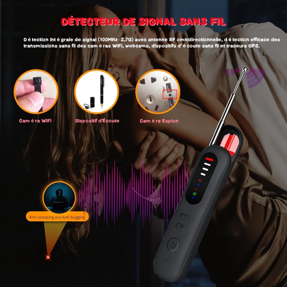Détecteur de Caméra Cachée - Alarme de Sécurité, Micro Espion Détecteur, Détecteur RF sans Fil, GPS Tracker, Anti-Espion pour Hôtel, Salle de Bain, Bureau, Voiture, Voyage, Anti-instantané