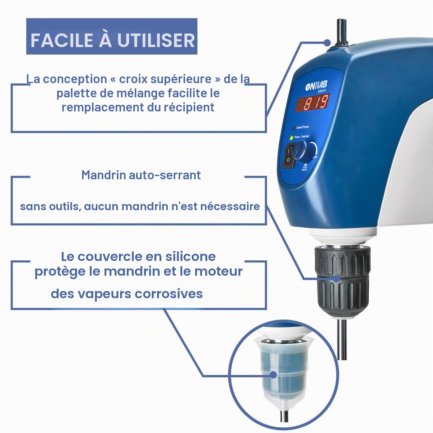 ONiLAB Mélangeur électrique, mélangeur numérique LED avec agitateur, 20 l, 10 000 mPas, 50~2200 tr/min, alliage d'aluminium (support inclus)