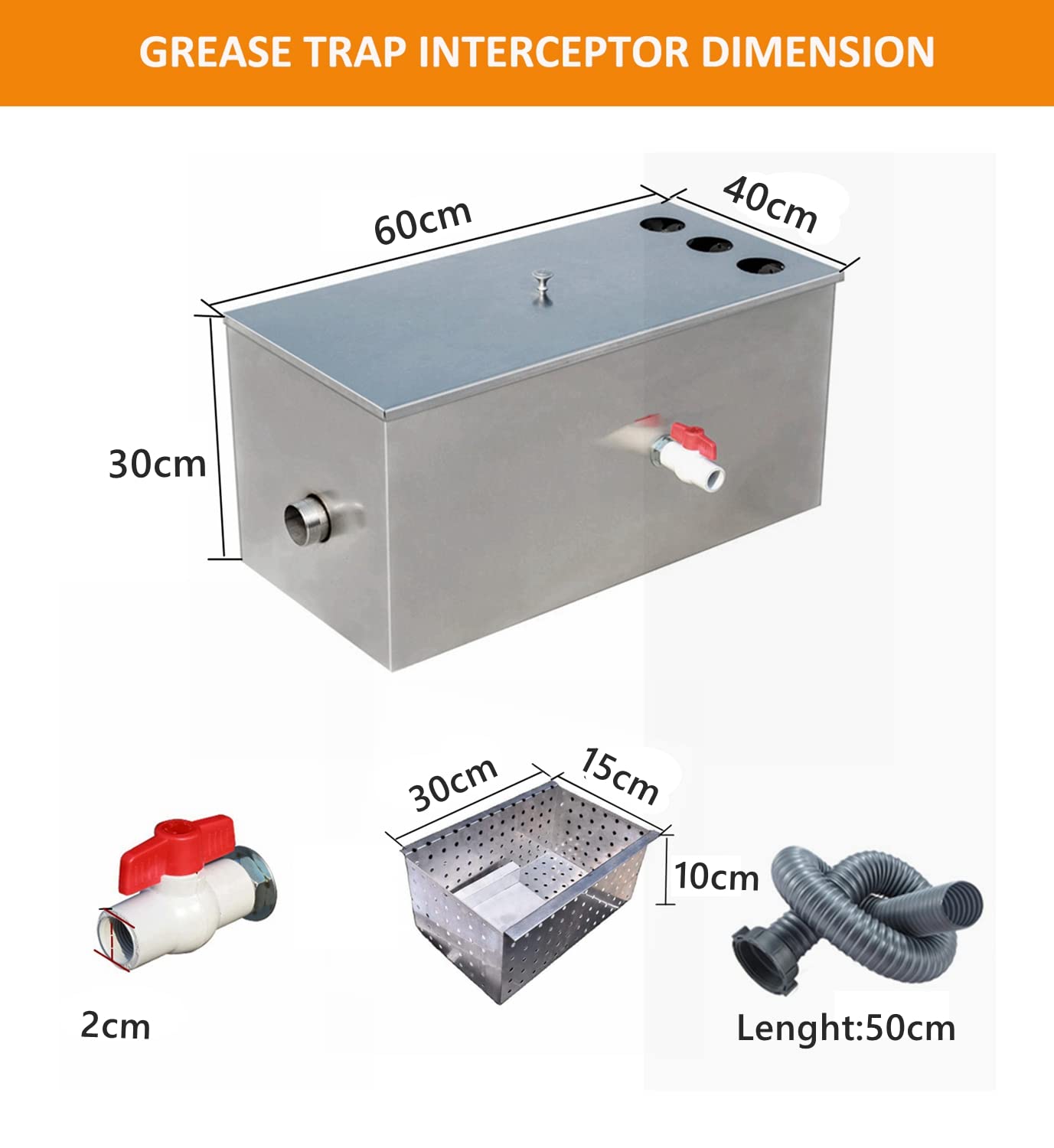 bimiti Intercepteur de graisse commercial pour évier 72 litres,En acier inoxydable,Séparateur de filtre à graisse sous évier,Avec 3 entrées supérieures pour cuisine de restaurant,60x40x30 cm