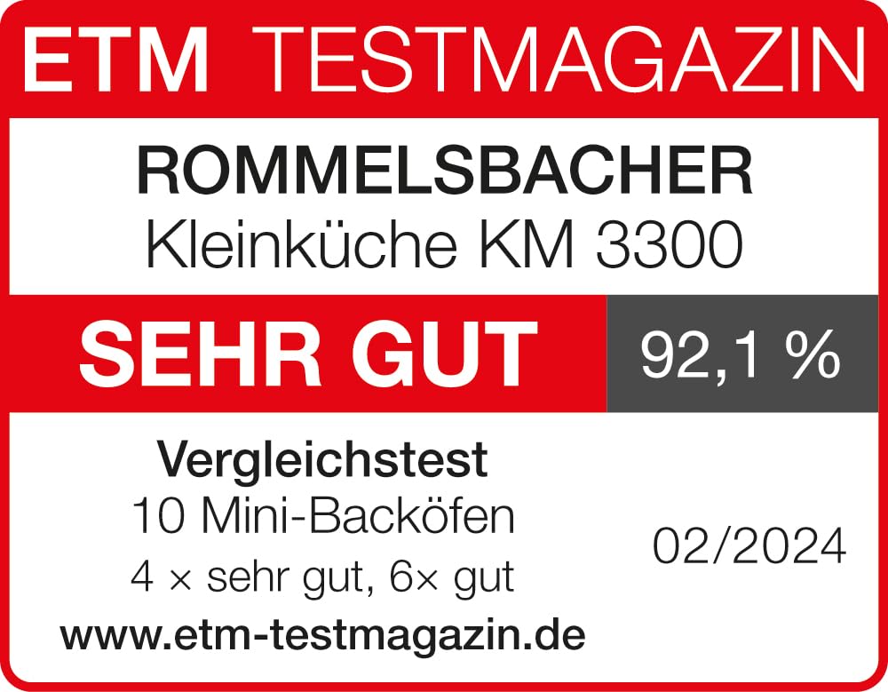 ROMMELSBACHER KLEINKÜCHE KM 3300-2 Gussheizplatten, 30 Liter Backraum, Oberhitze, Unterhitze, Umluft, Drehspieß, 3 Einschubebenen, Doppelverglasung, Spiegelglas-Front, 3250 Watt, silber/schwarz