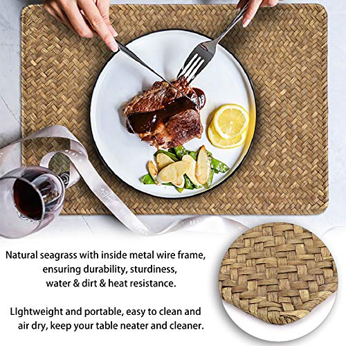 OwnMy Pack of 6 Natural Seagrass Placemats Woven Rattan Place Mat Rectangular Table Mats, 17