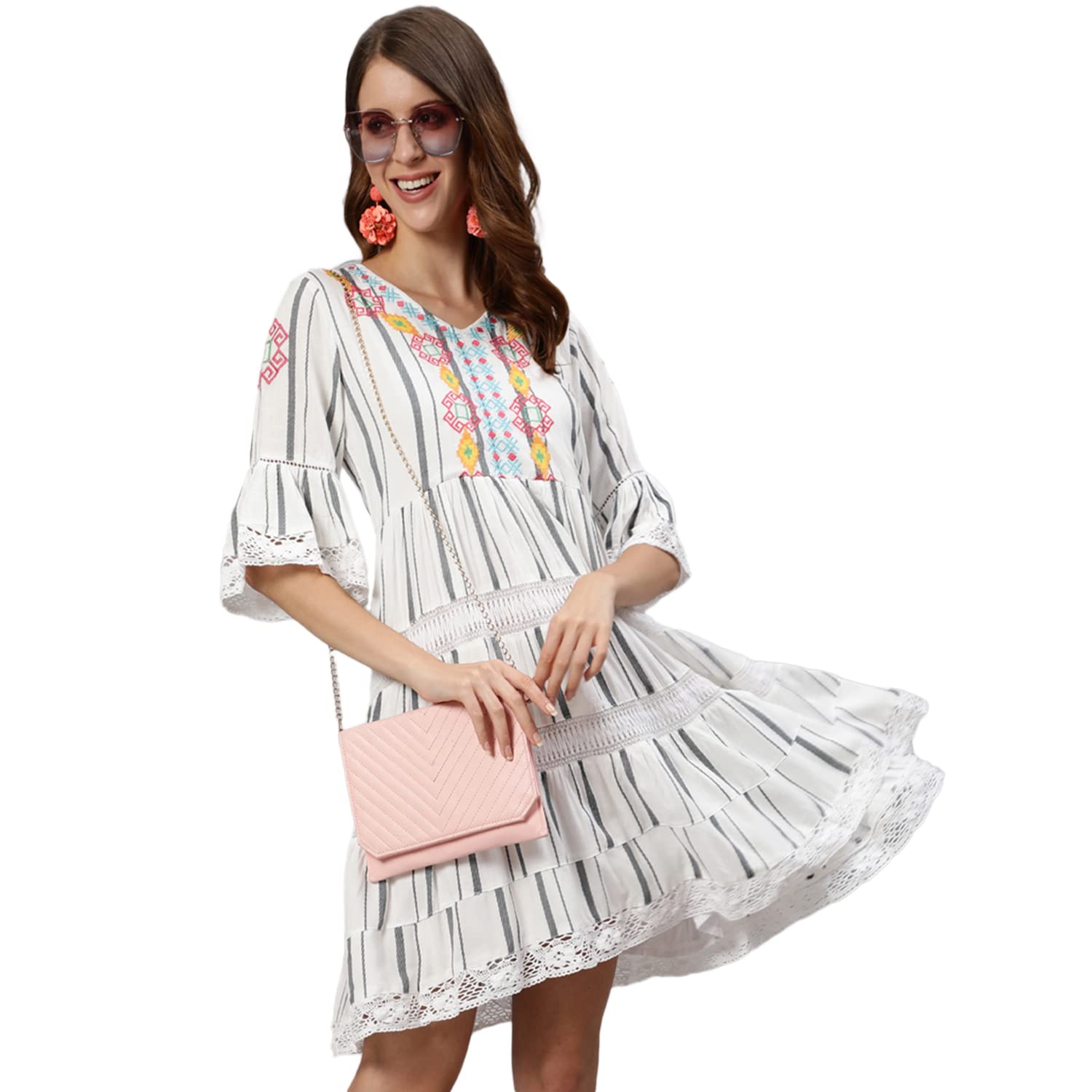 Ishin Women's Rayon White Embroidered A-Line Dress