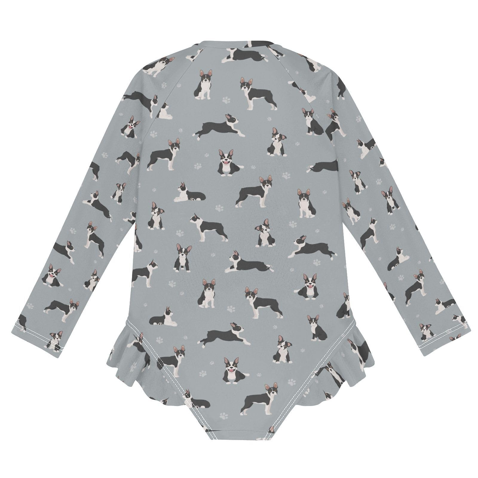 JHKKU Girls Long Sleeve Boston Terrier Dog Swimsuit One Piece Zipper Rash Guard Bathing Suit with UPF 50+ Sun Protection Ruffle Swimwear 4T