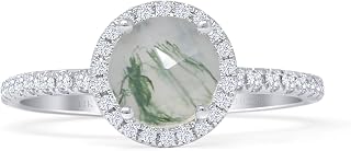 Art Deco Round Halo Natural Green Moss Agate Pave Around Band Natural Diamond Wedding Engagement Ring 14K White Gold