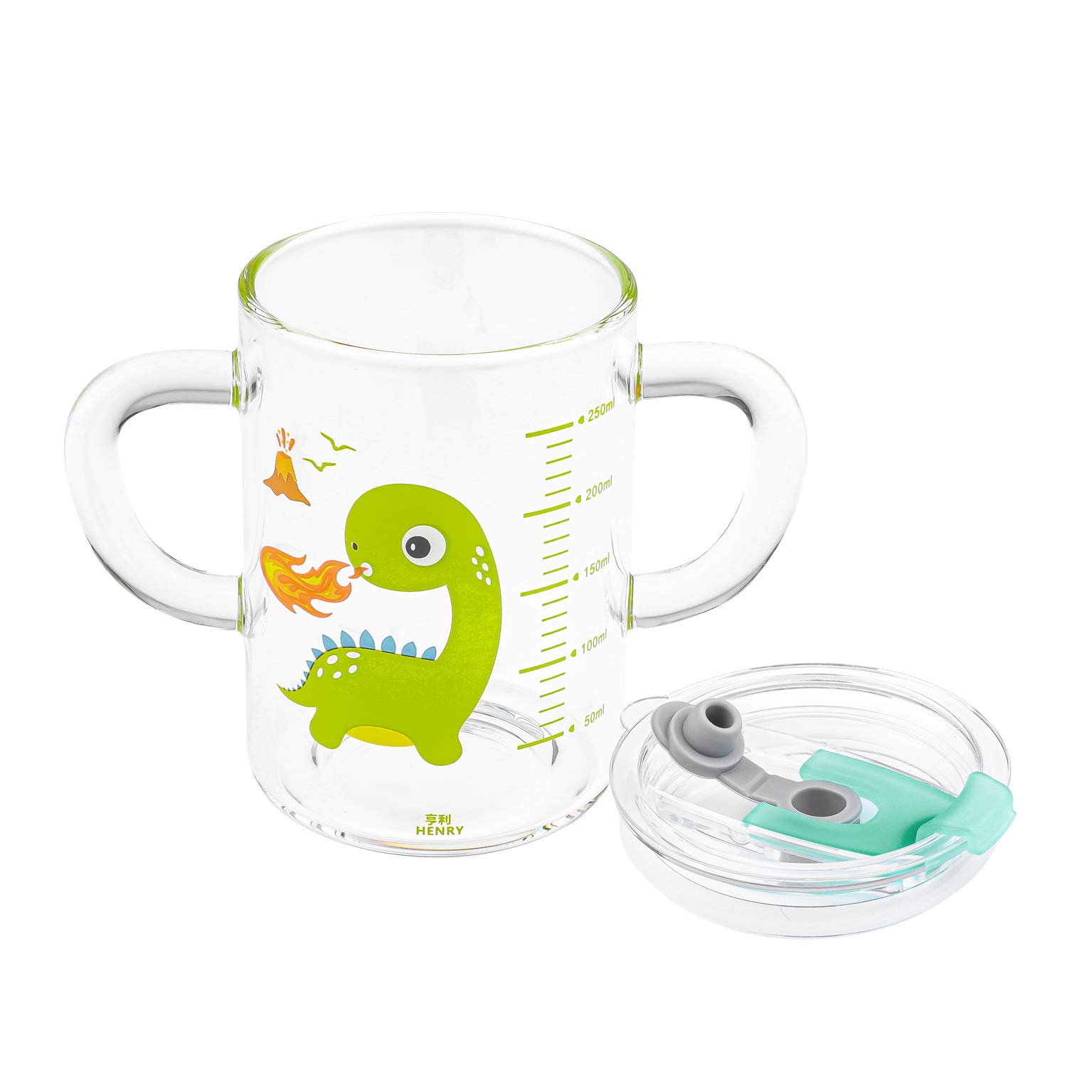 Tazza per latte in vetro per bambini da 250 ml, caraffa graduata con cannuccia in silicone e coperchio, resistente al calore, a prova di perdite, tazza da viaggio con bilancia per bere latte, succhi