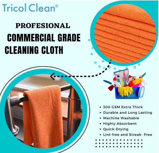 Dri Professional Extra-Thick Microfiber Cleaning Cloth 12 Pack Orange (16IN x 16IN, 300GSM, Commercial Grade All-Purpose Microfiber Highly Absorbent, LINT-Free, Streak-Free Cleaning Towels)