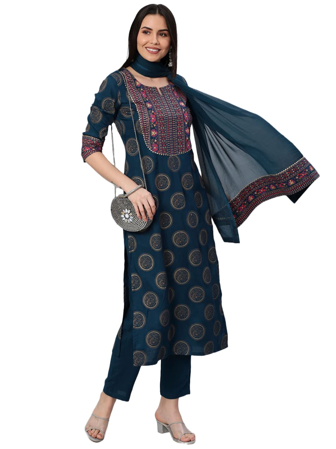 GoSriKi Women's Cotton Blend Straight Printed Kurta with Pant & Dupatta
