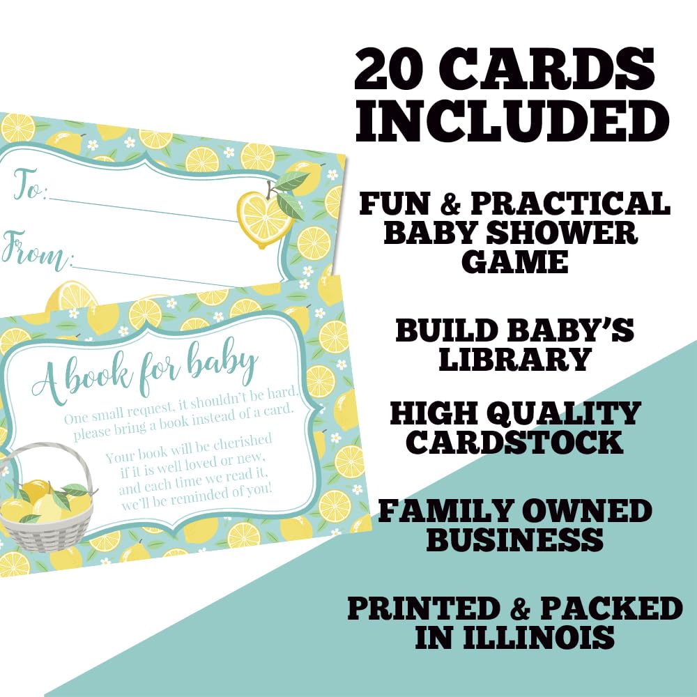 Amanda Creation Book Request Cards Blue Lemon Bring a Book Insert Request for Baby Shower - 20 2.5 by 4 Inch Double Sided Gift Tags, Made in the USA