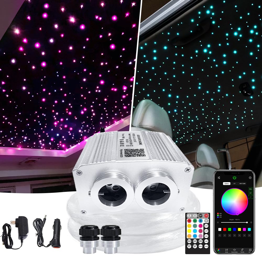 Firework 16W Dual Head Twinkle Fiber Optic Lights Kit, Bluetooth RGBW LED Starlight Headliner Kit for Car Home Ceiling Star Ceiling Sky Light with APP/Remote Music Mode 920pcs 0.03in 9.8ft/3m