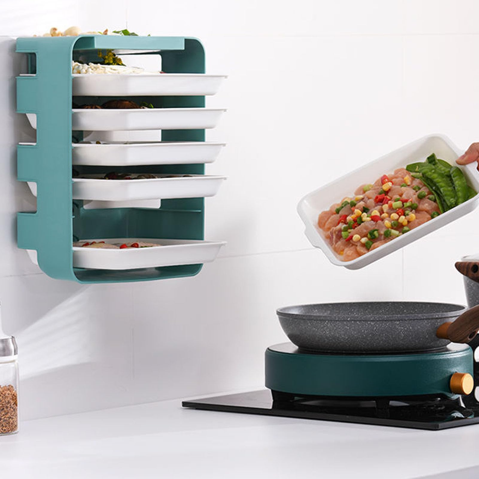 XHTLLO Dinner Plates, Wall Mounted Kitchen Preparation Plate, Multilayer Fruit Vegetable Dish Storage Tray for Home, Punch Freely Installation