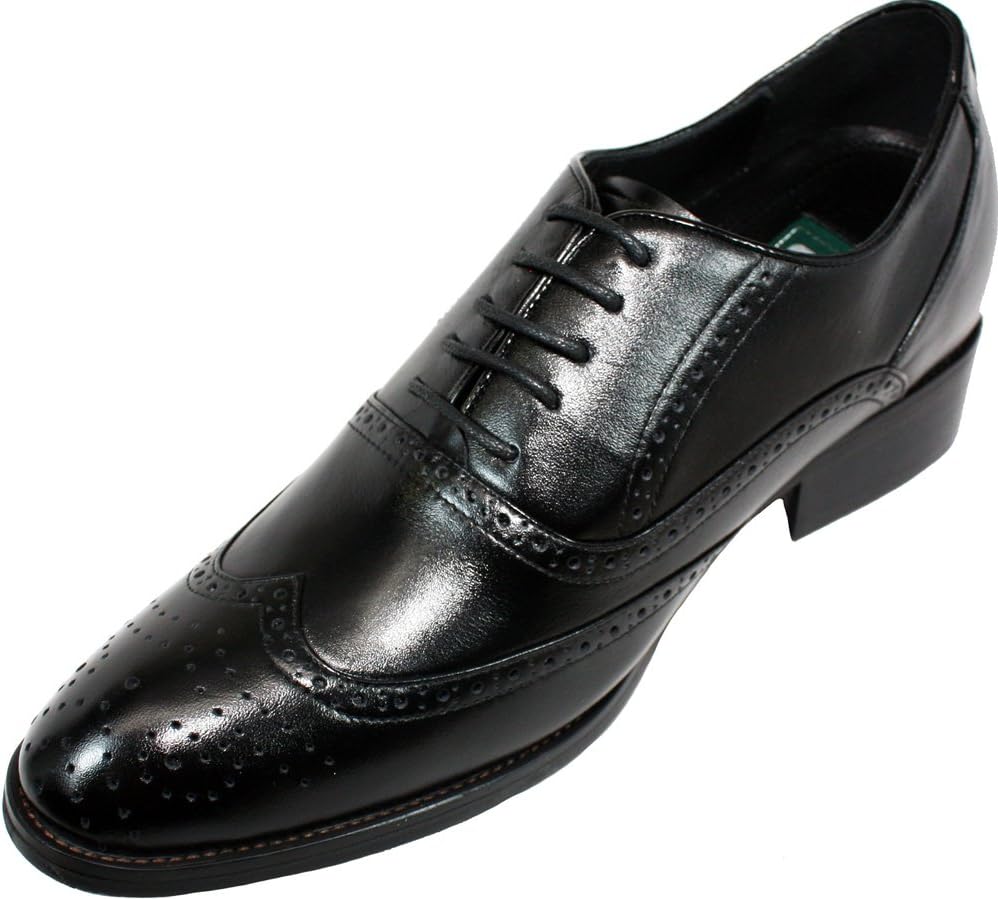 Calden Men's Invisible Height Increasing Elevator Shoes - Black Leather Lace-up Wing-tip Formal Oxfords with Leather Bottom - 3 Inches Taller - K9G018 - Size 11 D(M) US