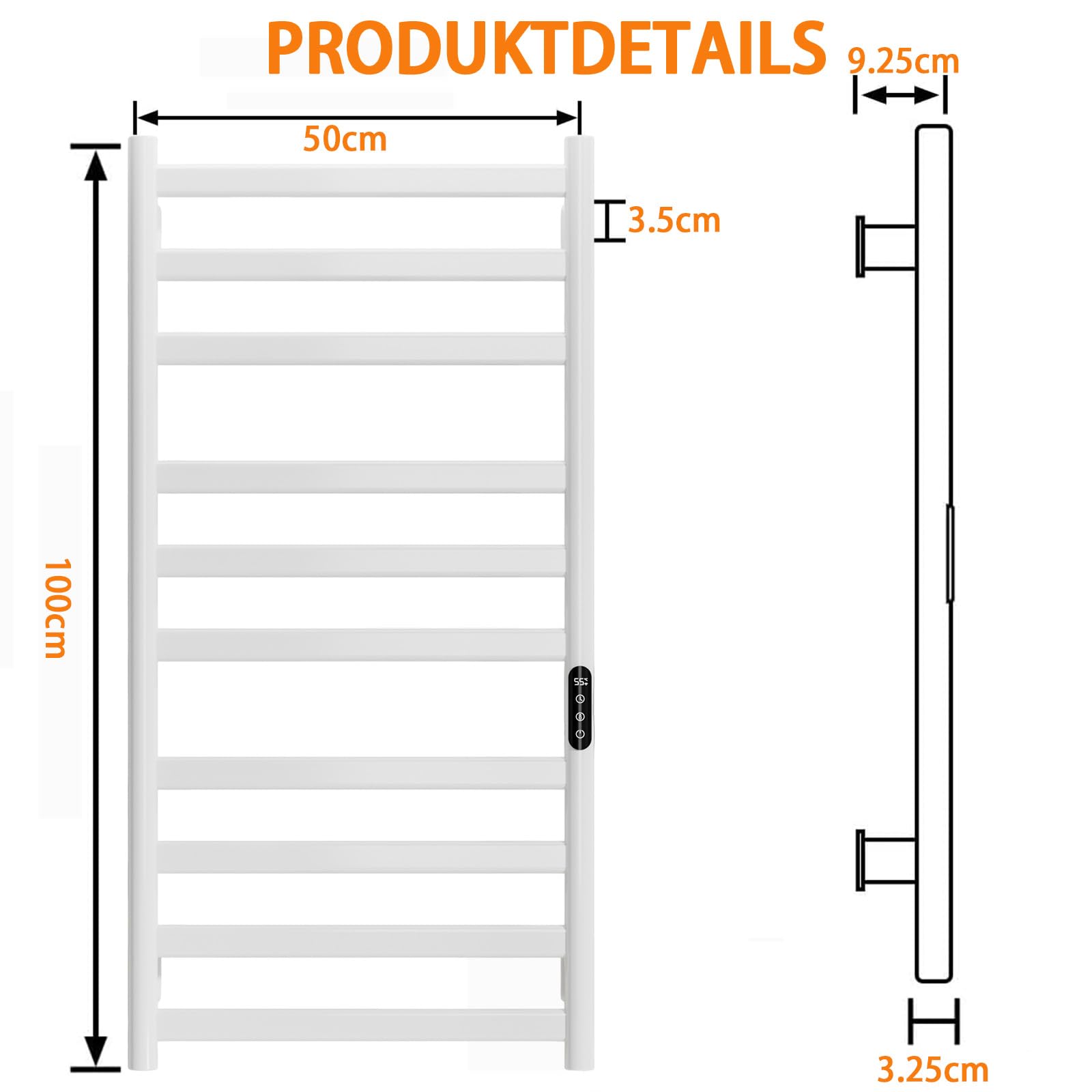 Badheizkörper Elektrisch 285W Handtuchheizer Einstellbare Temperatur 35°-70°C, handtuchwärmer mit 1-9 H Timer-Funktion, Handtuchtrockner mit LED-Touchscreen, IPX4. 50x100cm, weiß