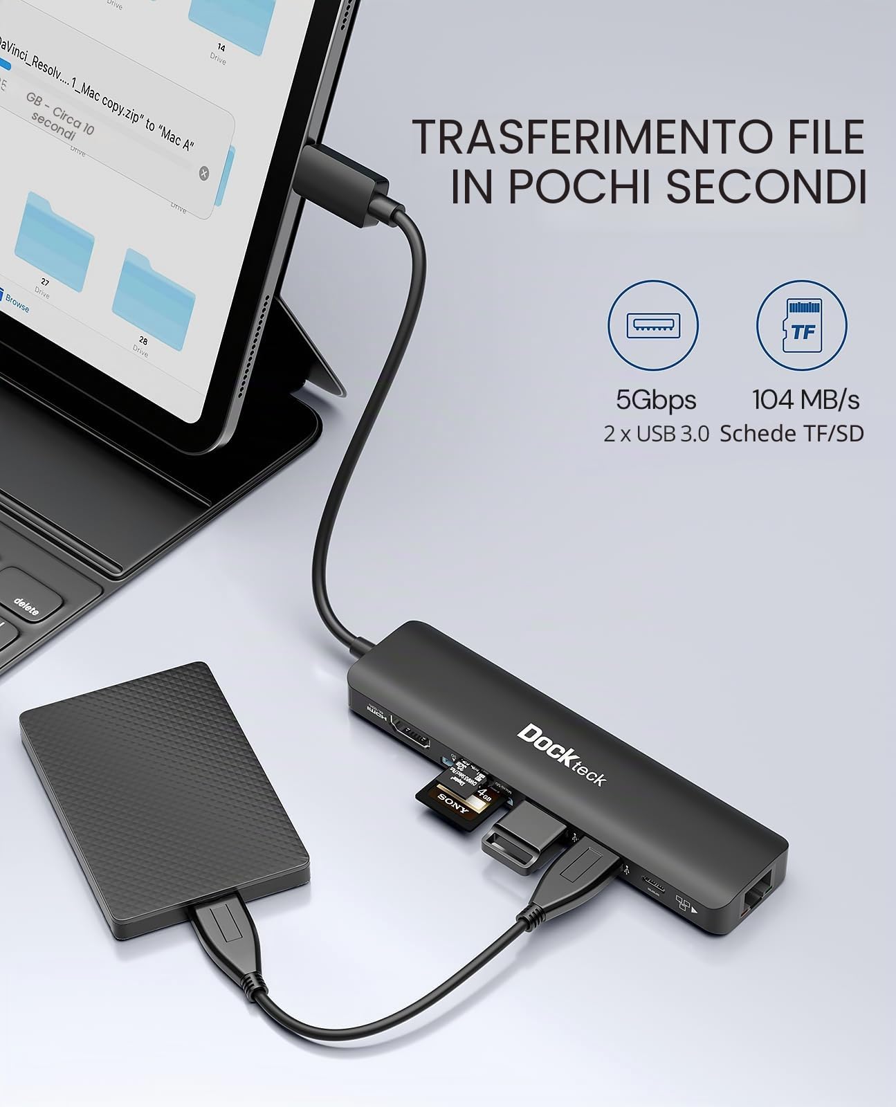 Adattatore USB C Hub Ethernet Dockteck 7 in 1 Docking Station, adattatore USB-C con HDMI 4K 60Hz, LAN RJ45, 100W PD, SD/Micro SD, 2 USB 3.0, per Steam Deck, MacBook/iPad, Surface Pro 7