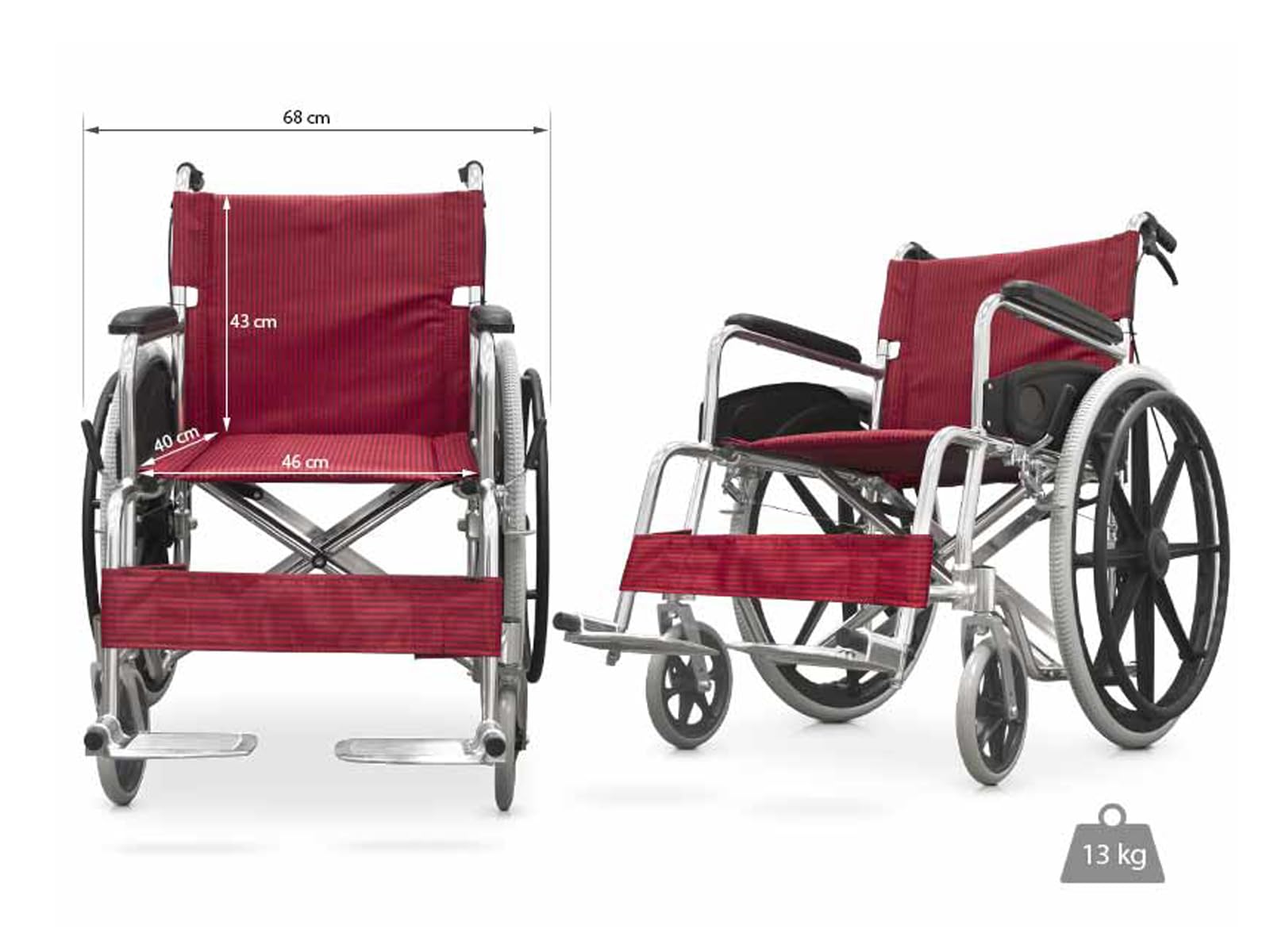 QUIRUMED Silla de ruedas plegable de aluminio, con frenos, Ligera, Reposapiés abatible, Asiento 46 cm, Aro anatómico, Para mayores, Para minusválidos