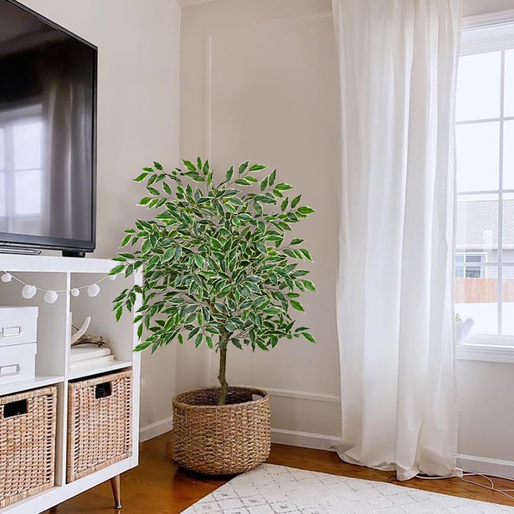 Hollyone Ficus Plante artificielle, 130 cm, grande plante artificielle, comme de vraies plantes en plastique, en pot, vert, blanc, arbre artificiel pour salon, bureau, jardin