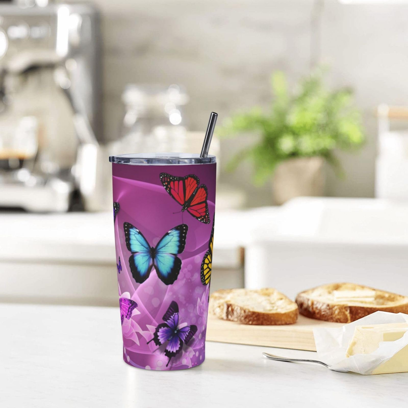 Violette Schmetterlinge bedruckte Edelstahltasse Autobecher tragbare Thermobecher