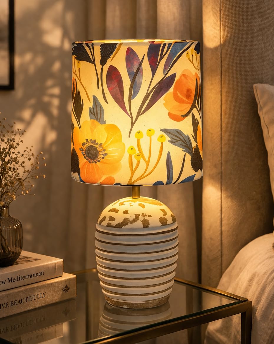 Homesake® Ribbed Basket, Modern Table Lamp, with Shade Wooden Base Modern Fabric Lampshade for Home Office Cafe Restaurant (Flower Garden)-image-30