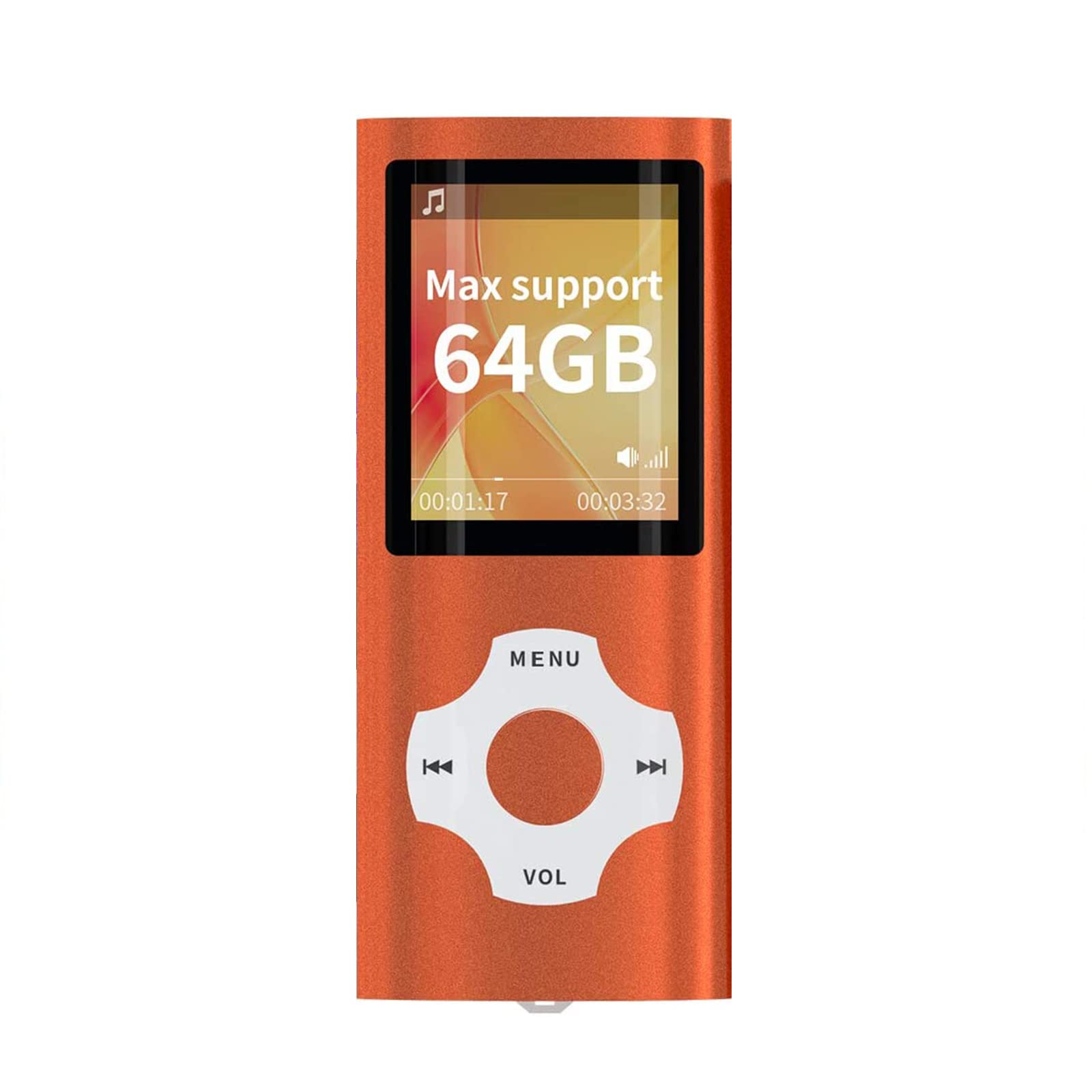 Odtwarzacz MP3 MP4, karta Micro SD TF Smukły klasyczny cyfrowy ekran LCD 1,8 '' Mini port USB z radiem FM, nagrywaniem głosu,Orange,32GB
