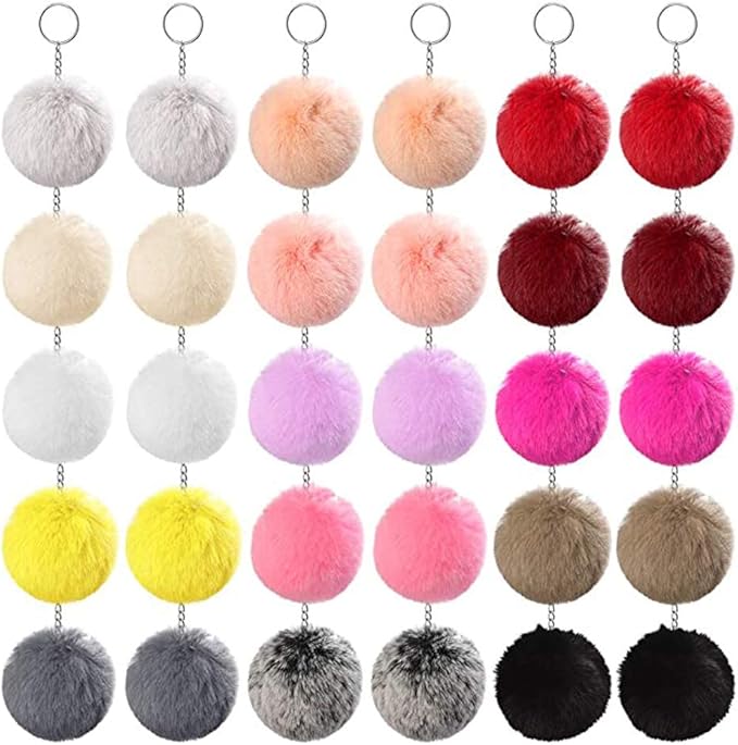 Tongcloud 30pcs Faux Fur Ball Pom Poms Keychains Pom Poms Keychains Fluffy Faux Fur