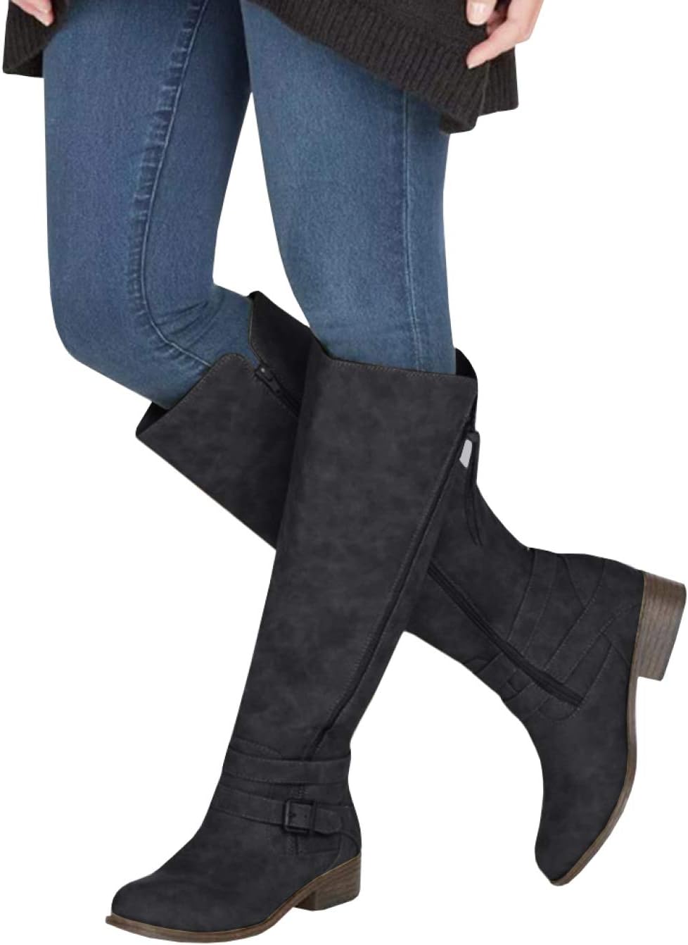 Ermonn Womens Knee High Riding Boots Wide Calf Chunky Flat Low Heel Combat Boots Buckle Winter Shoes