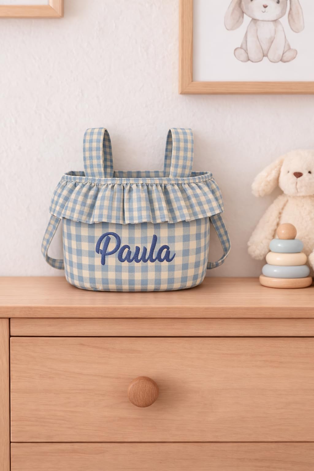 Nenel – Conjunto de Saco Silla de paseo Universal + Bolso Bombonera Personalizado – Conjunto Saco Universal + Bolsa para carrito bordada con nombre – Vichy y Algodón (Cuadros menta/azul empolvado)
