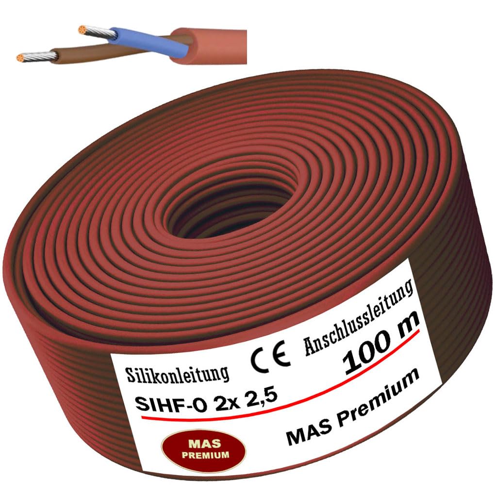 MAS Premium SIHF-O Cable de conexión de silicona de 5-220 m, cable de silicona de 2 x 2,5, alambre de cobre flexible y sin halógenos para dispositivos de alta temperatura (100 m)