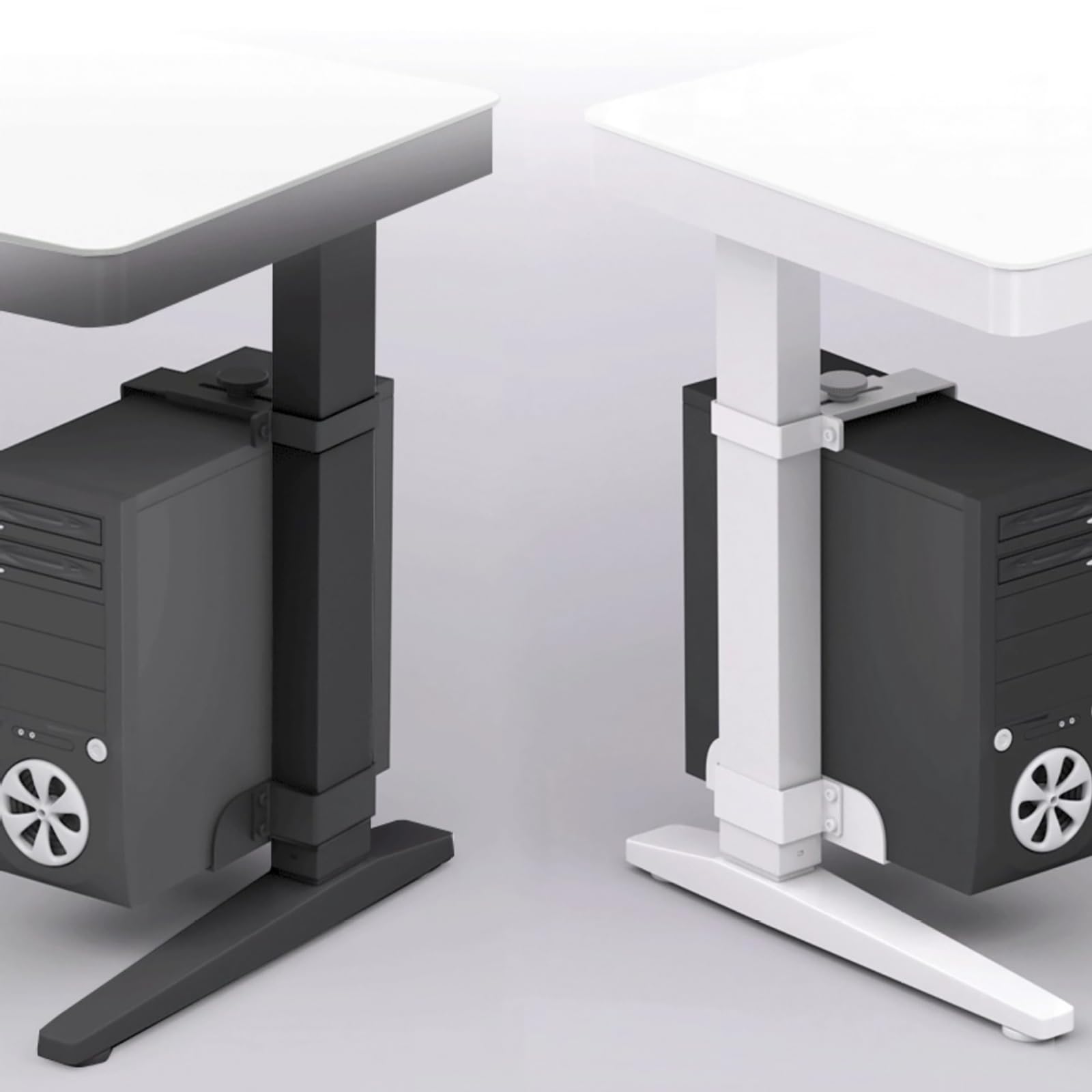 Soporte PC Bajo Escritorio, Instalación sin Taladros, Resistente hasta 18 kg, Ajustable en Altura y Anchura, Soporte Torre PC Bajo Mesa para Escritorios de Pie (Patas de Mesa de 65 x 45 mm) Blanco
