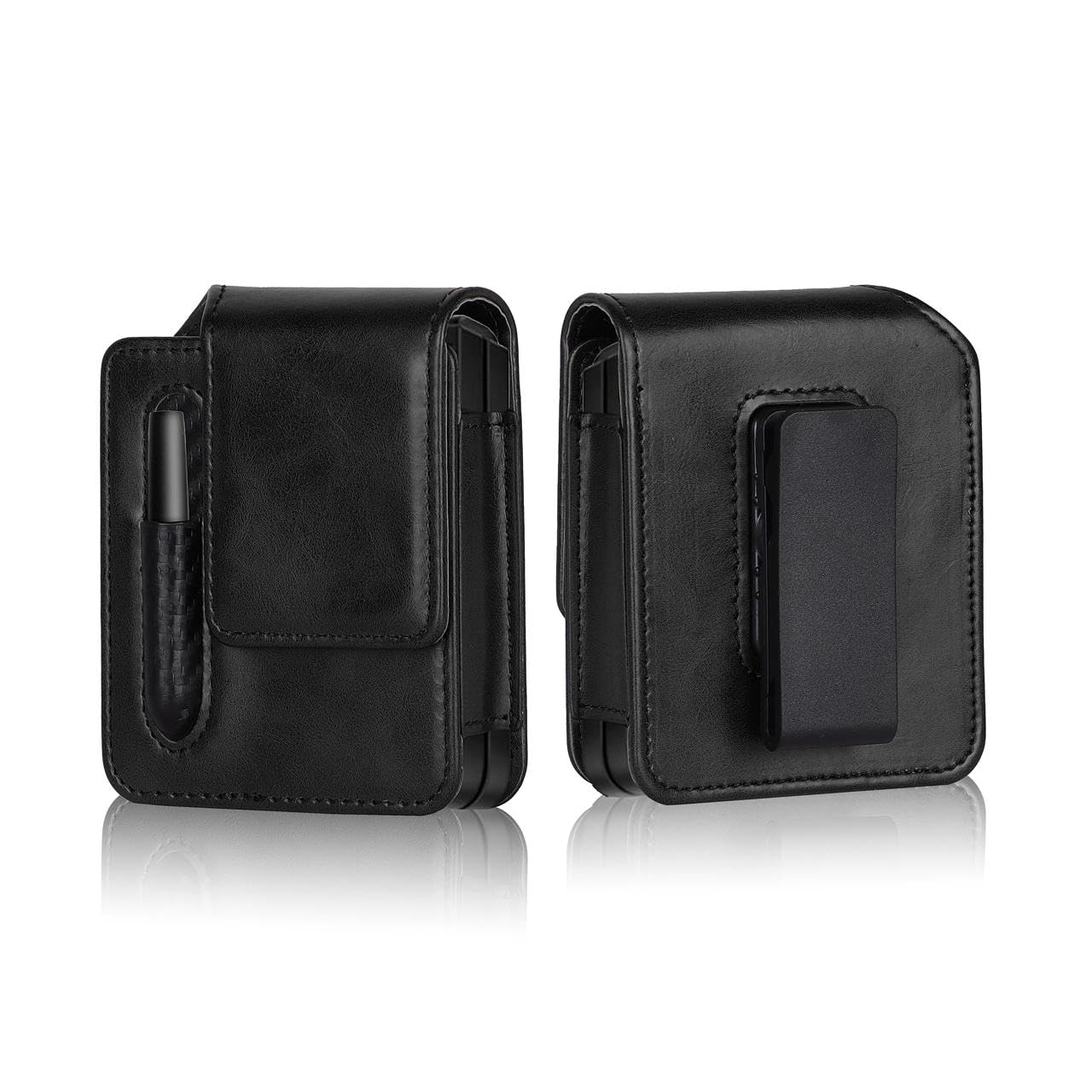 Flip Phone Belt Pouch for Samsung Galaxy Z Flip 7/6 / 5/4 | PU Leather Mobile Holster with Rotating Belt Clip, Pen Holder & Magnetic Closure | Waist Phone Case for Men (Black)