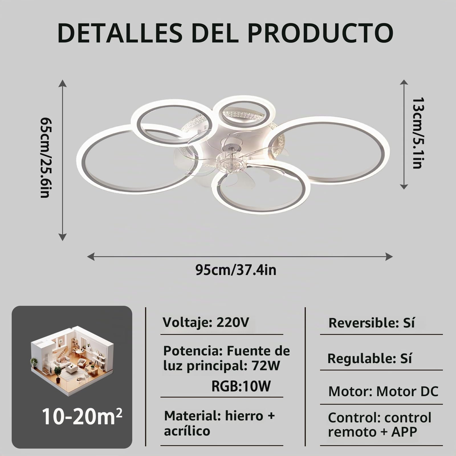 95cm Lamparas Ventilador De Techo RGB Regulable, Reversible Ceiling Fan with Light and Remote Control APP, Moderno Ventilador De Techo Con Luz 72w 6 Velocidad Para Salón Dormitorio-White