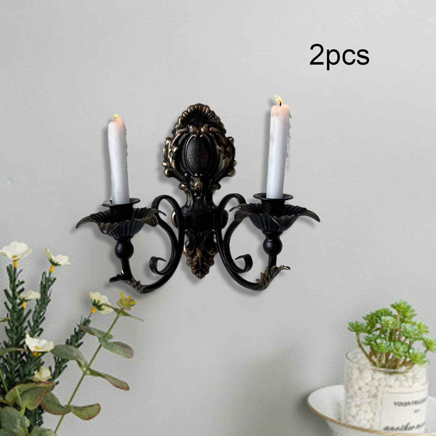 Candle Sconce Wall Candle Holder Vintage Design Iron Art Candelabra Candlestick Holder for Anniversary Living Room Decoration, Black (Black)