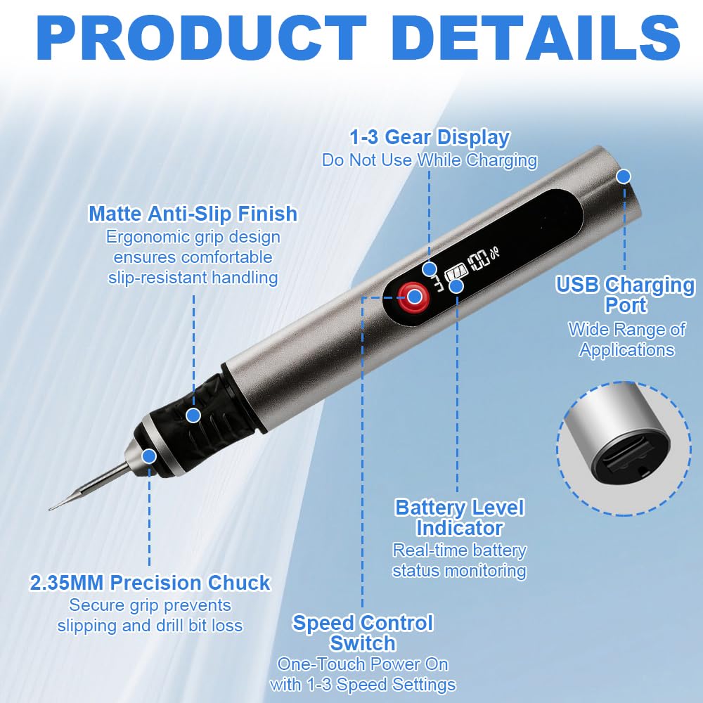 Gravierstift, Elektrischer Gravur Stift mit 30 Bits und 16 Vorlagen, Kabelloser Tragbarer Gravur Gerät, USB-Type-C Wiederaufladierbar Gravur Werkzeug Kit für Schmuck, Holz, Kunststoff, Metall,