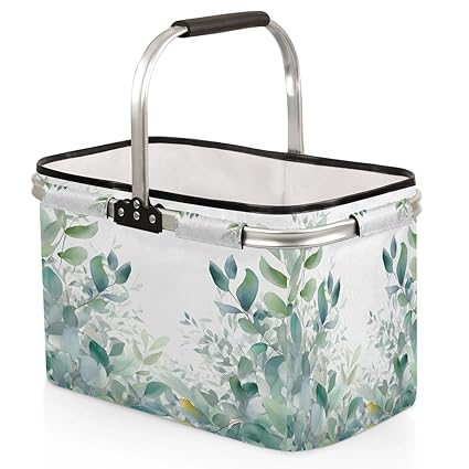 Kizmoglux Watercolor Leaves Collapsible Market Basket, Foldable Picnic Basket - Large Shopping Basket with Handles, Portable Folding Bag for Shopping Camping Picnic