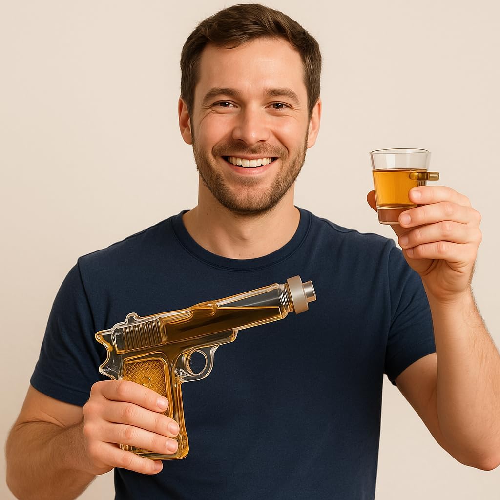 Gun Whiskey Decanter Set – Unique 950g Glass Decanter with Wooden Stand | Includes Shot Glasses (230ml) & Cups (50ml) | Stylish Barware Gift for Whiskey, Bourbon, Scotch & Cocktails