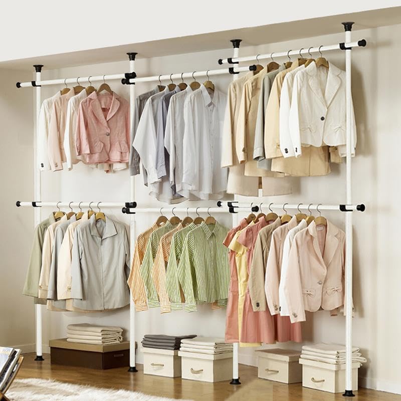 House of Home Heavy Duty Triple Telescopic Clothes Rail - Rail Wardrobe Replacement Adjustable Shelving Rack Clothes Storage & Organiser for Shirts, Coats, Jackets, Hat & Shoes