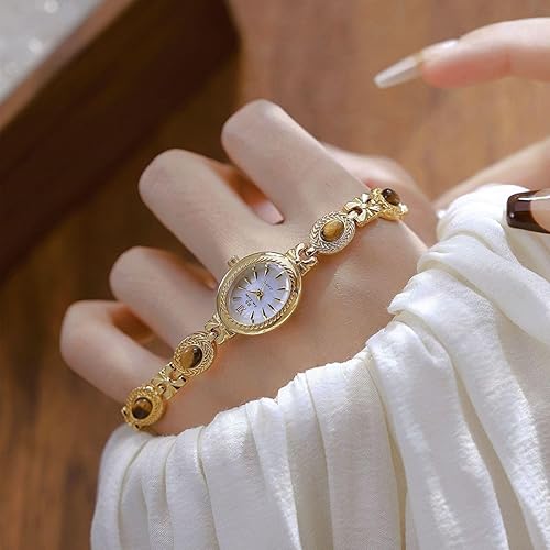 Miniatura 4 de FANMIS Relojes de tono dorado para mujer con pequeña pulsera vintage, elegante esfera ovalada de jade, reloj de pulsera de cuarzo a la moda, reloj
