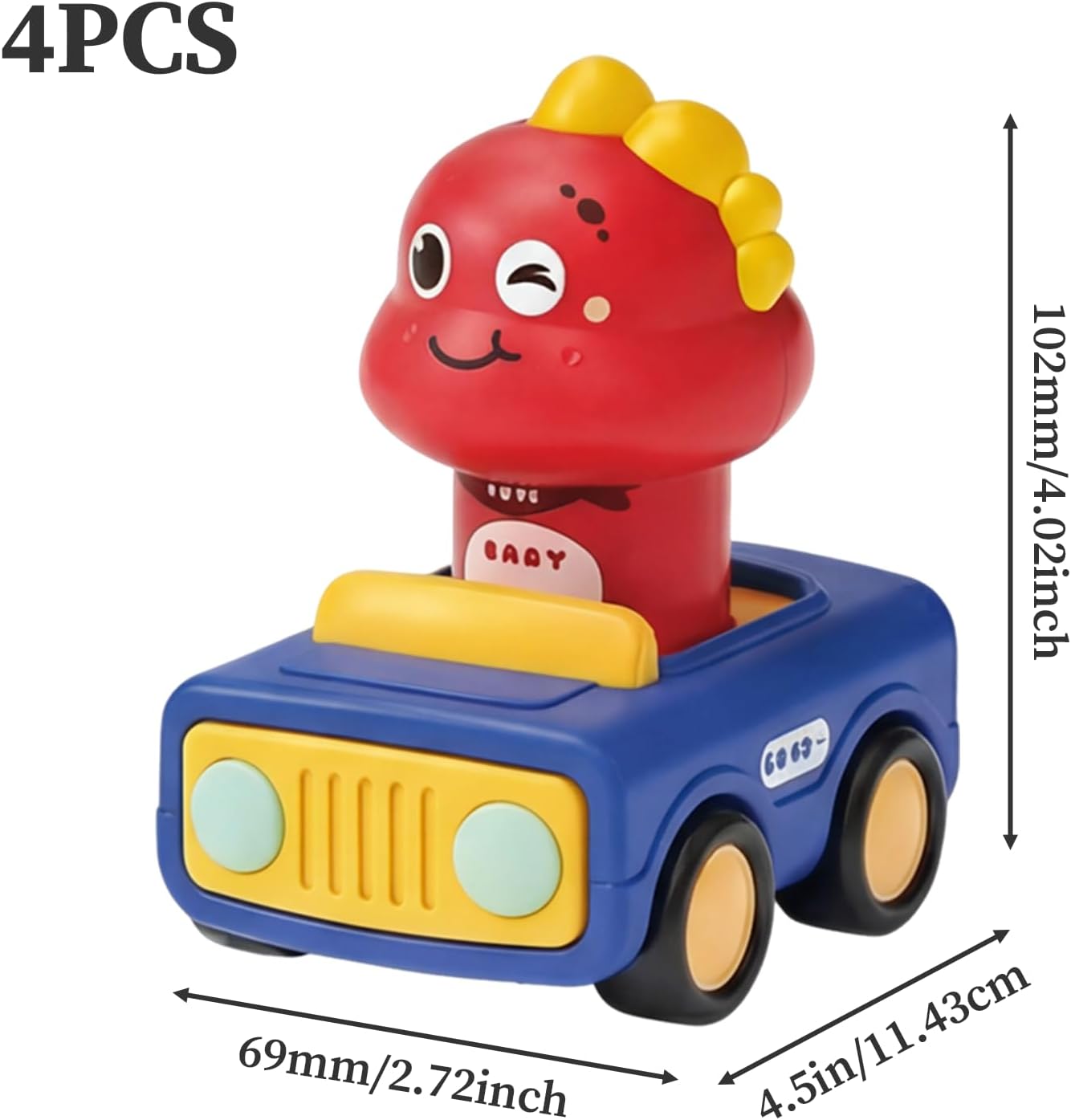 4Pcs Press and Go Dinosaur Toys Car for Toddlers 1-3, Cute Baby Toy Push Vehicle with 360° Rotating Head, Montessori Toys for 1 Year Old Boys Girls Birthday Easter