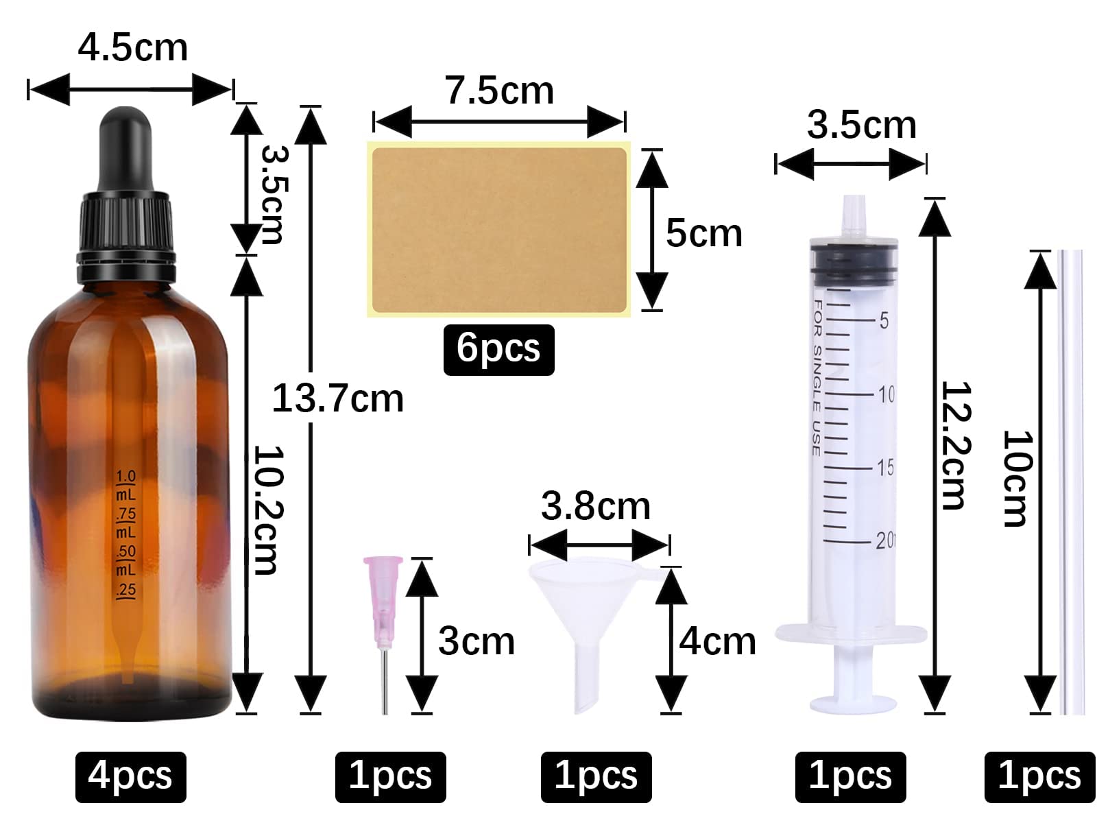 Nuts OT nuts Szklane butelki z pipetą, 4 szt., 100 ml, zestaw butelek aptecznych - brązowe szkło, butelki na płyny do napełniania, butelki z zakraplaczem z czarną nasadką z pipetą, w zestawie 5 szt. akcesoriów pomocniczych