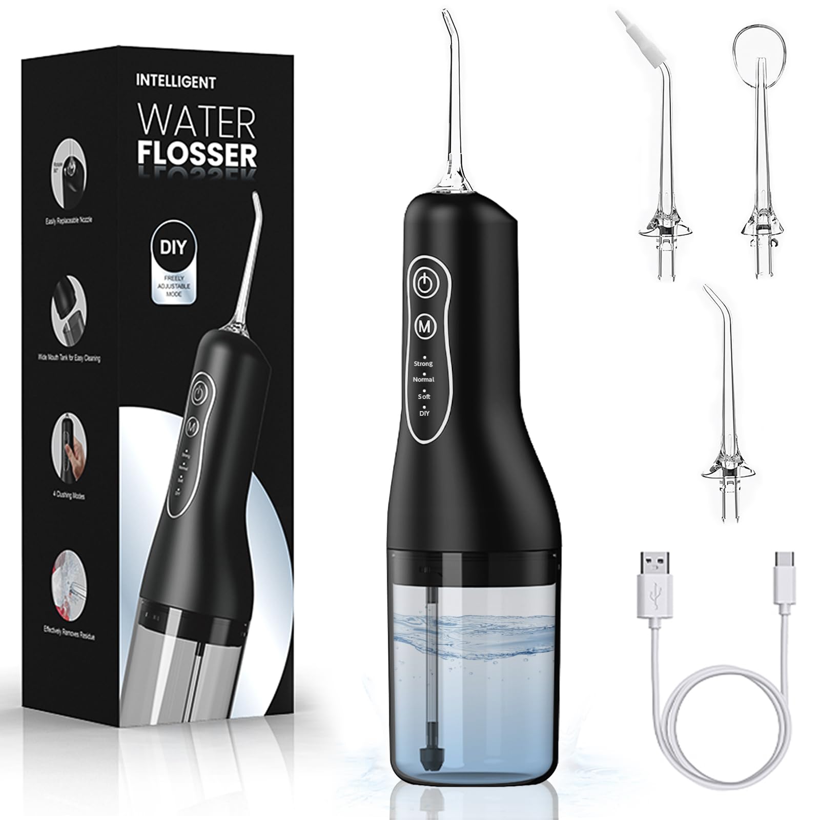 Jet Dentaire Hydropulseur Portable, Irrigateur Oral Sans Fil 4 Modes et 4 Buses, Réservoir 300ML, USB Chargé, Étanche IPX6, Convient Gencive Sensible