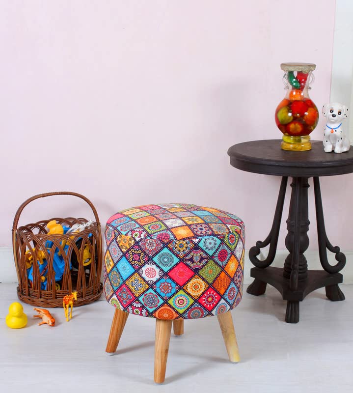 Image of Premium Velvet Round Ottoman Stool Cover - Stretch Ottoman Slipcover for Vanity & Footstool - Washable, East to Remove & Fits in 16-Inch Diameter, 8 Inch Box Height, Rangoli Multi