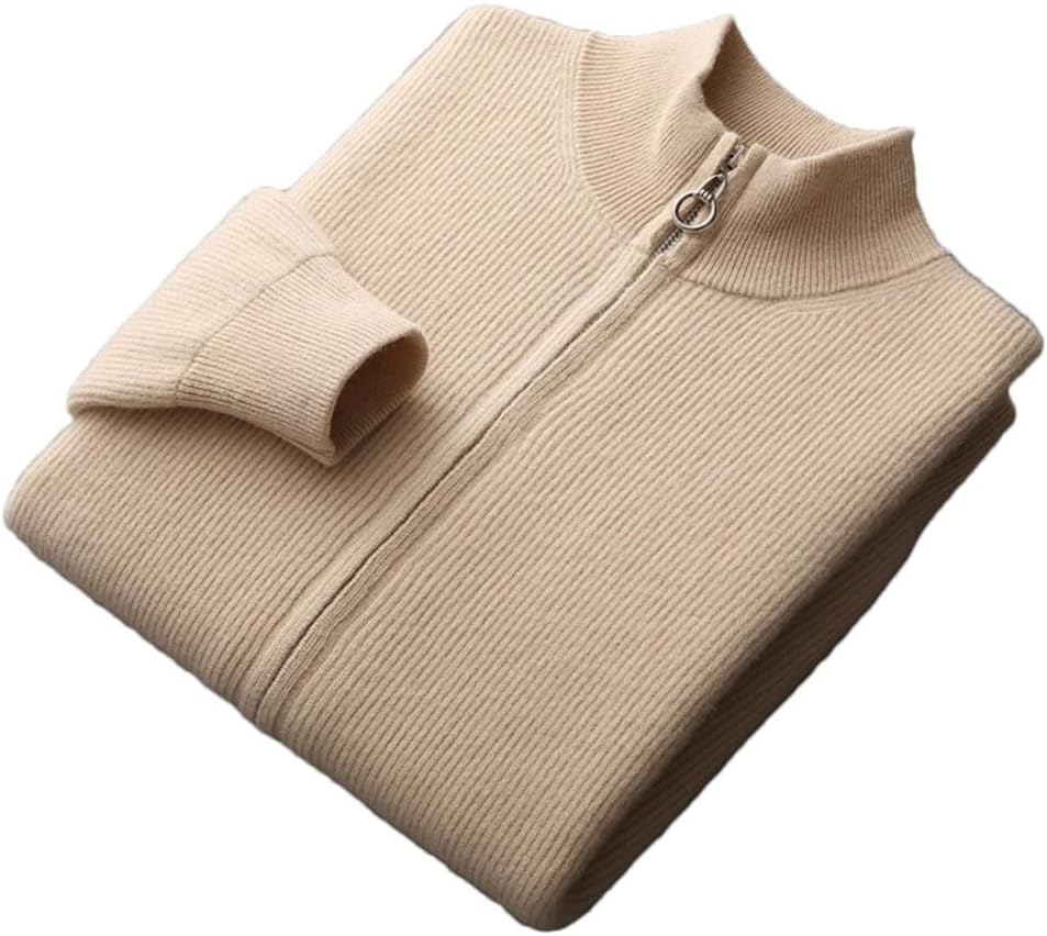 Men's 100% Wool Cardigan Stand Collar Thick Casual Knit Sweater for Autumn Winter