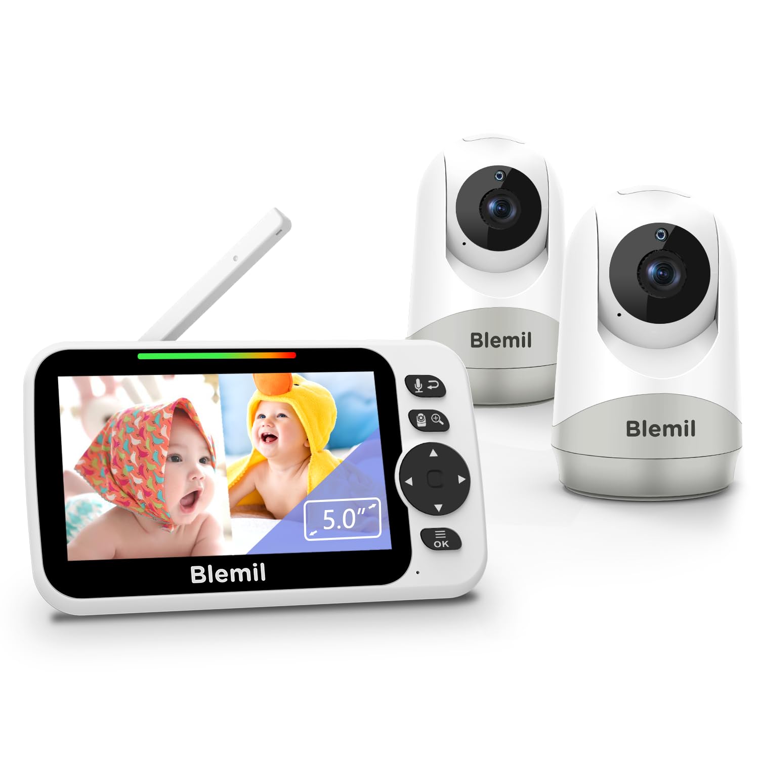 Blemil Monitor de Bebé Mejorado con 2 Cámaras, 5", Sin WiFi, 30 Horas | Vigilabebés con cámara, pantalla dividida, control PTZ, audio bidireccional, visión nocturna y control de temperatura