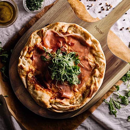 hecef Plato para Pizza con Cortapizzas, Cáscara de Pizza de Madera de Acacia con Mango Extendido y Borde Cónico Grande, Grande Tabla de Servir para Pizza Casera, Queso, Frutas y Pastel, 30cm
