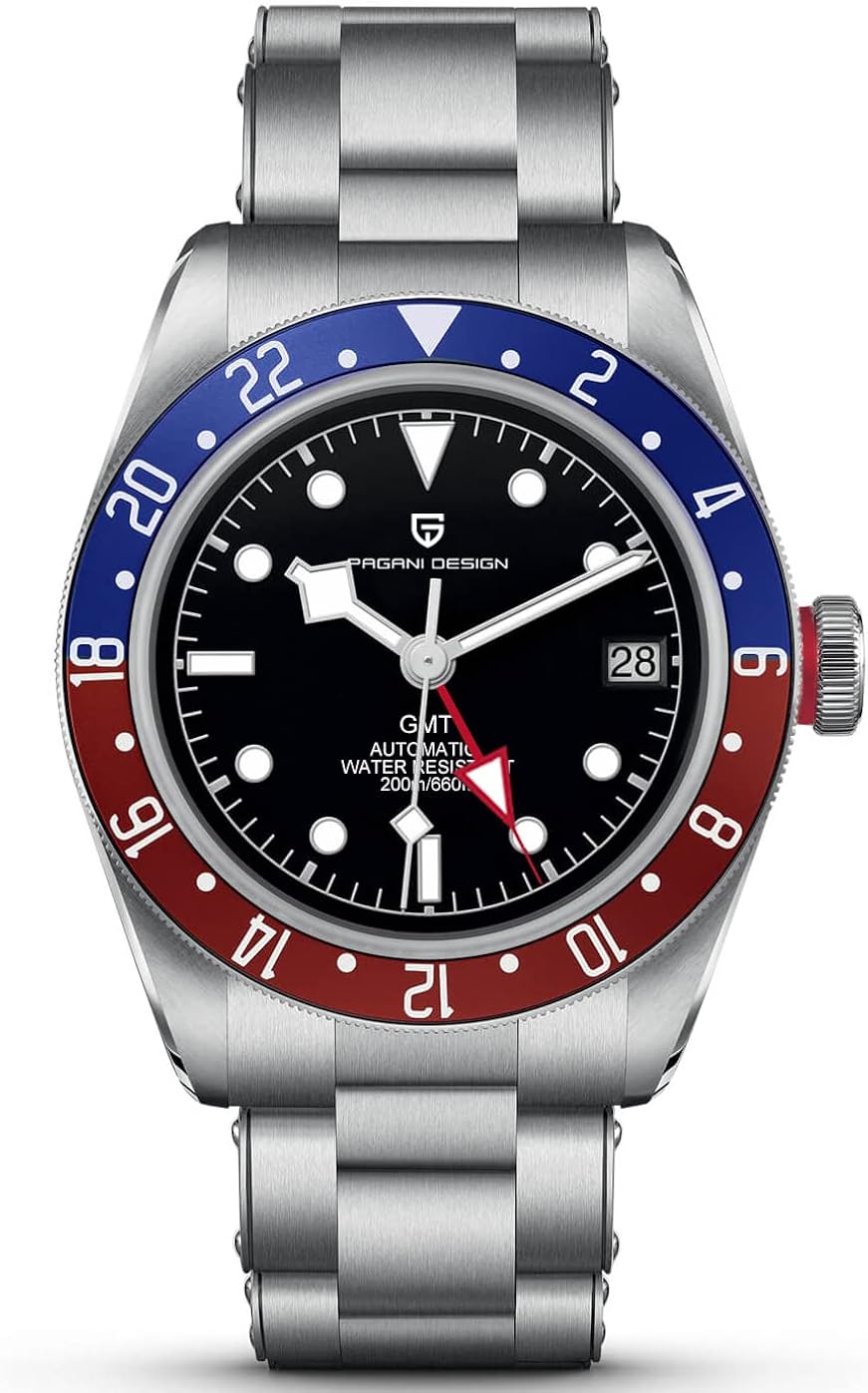Pagani Design Hombres Black Bay GMT Relojes automáticos Banda de Acero Inoxidable Espejo de Zafiro sintético 200m Reloj Impermeable de Doble Hora y Cuerda automática