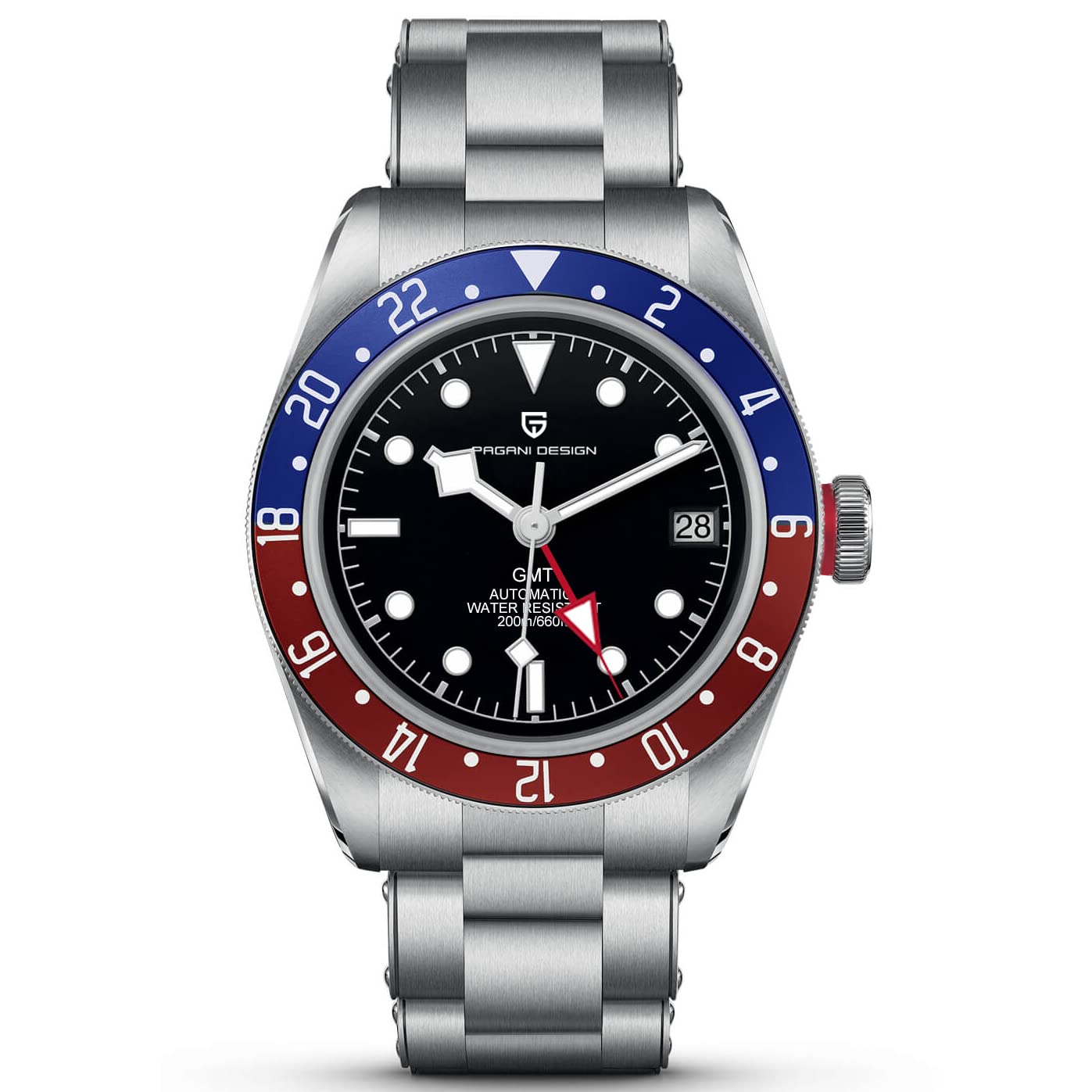 DAOLVENPagani Design 1706 GMT Men's Automatic Watches, Stainless Steel 100M Waterproof Dual Time Fashion Casual Mens Self Winding Wrist Watch