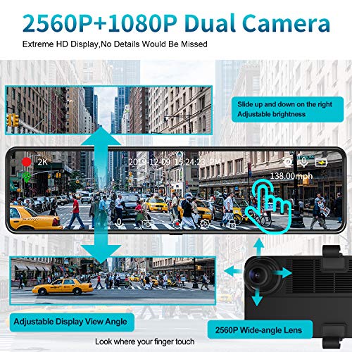 Mirror Dash Cam Car Backup Camera 12" 2K IPS Full Touch Screen 2560P+1080P Resolution Front and Rear View Dual Lens, Adjustable Wide Angle, WDR Night Vision, Parking Monitor, GPS & 32GB Card Included