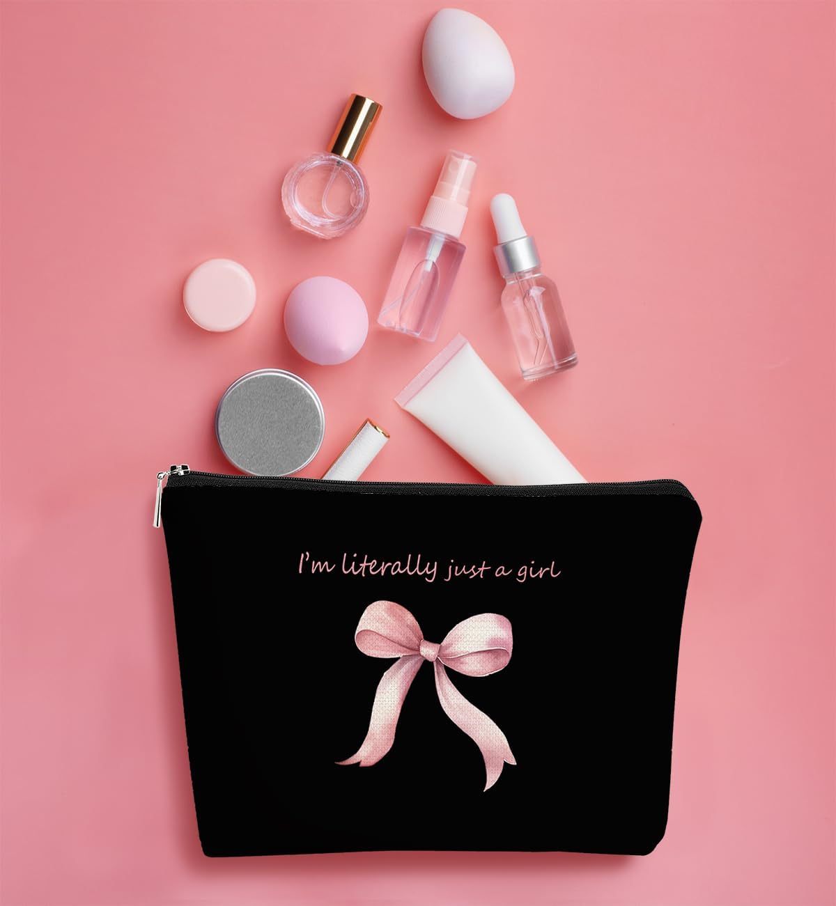 Pink Coquette Bow Aesthetic Makeup Bag, I'm Literally Just a Girl, Cute Cosmetic Bag, Trendy Preppy Gifts, Coquette Stuff, Black - Image 3