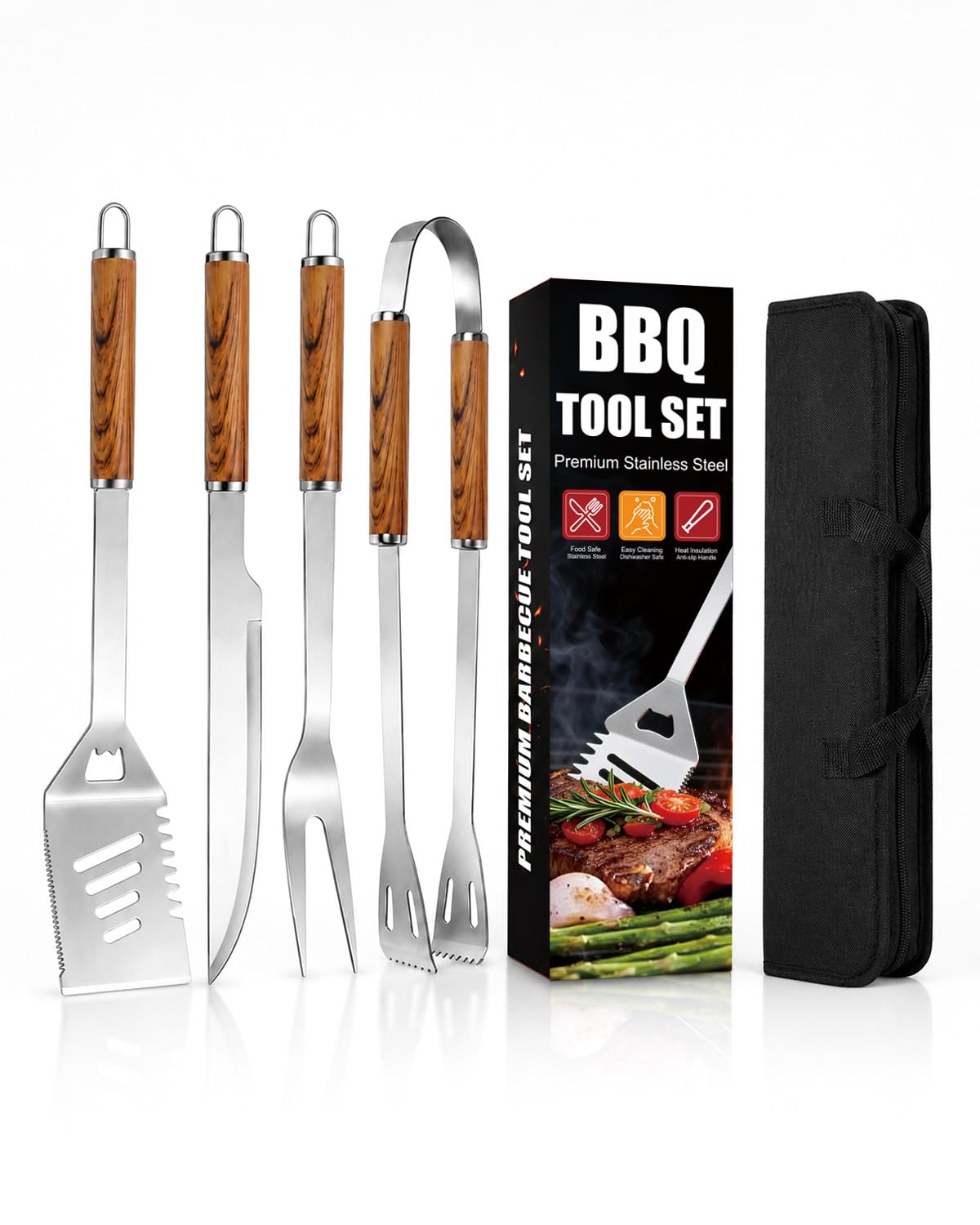 BBQ Tools Set, 4Pcs Stainless Steel Grill Accessories with Wood Grain Handles, Portable Barbecue Utensil Kit for BBQ Parties, Family Gatherings and Outdoor Cooking