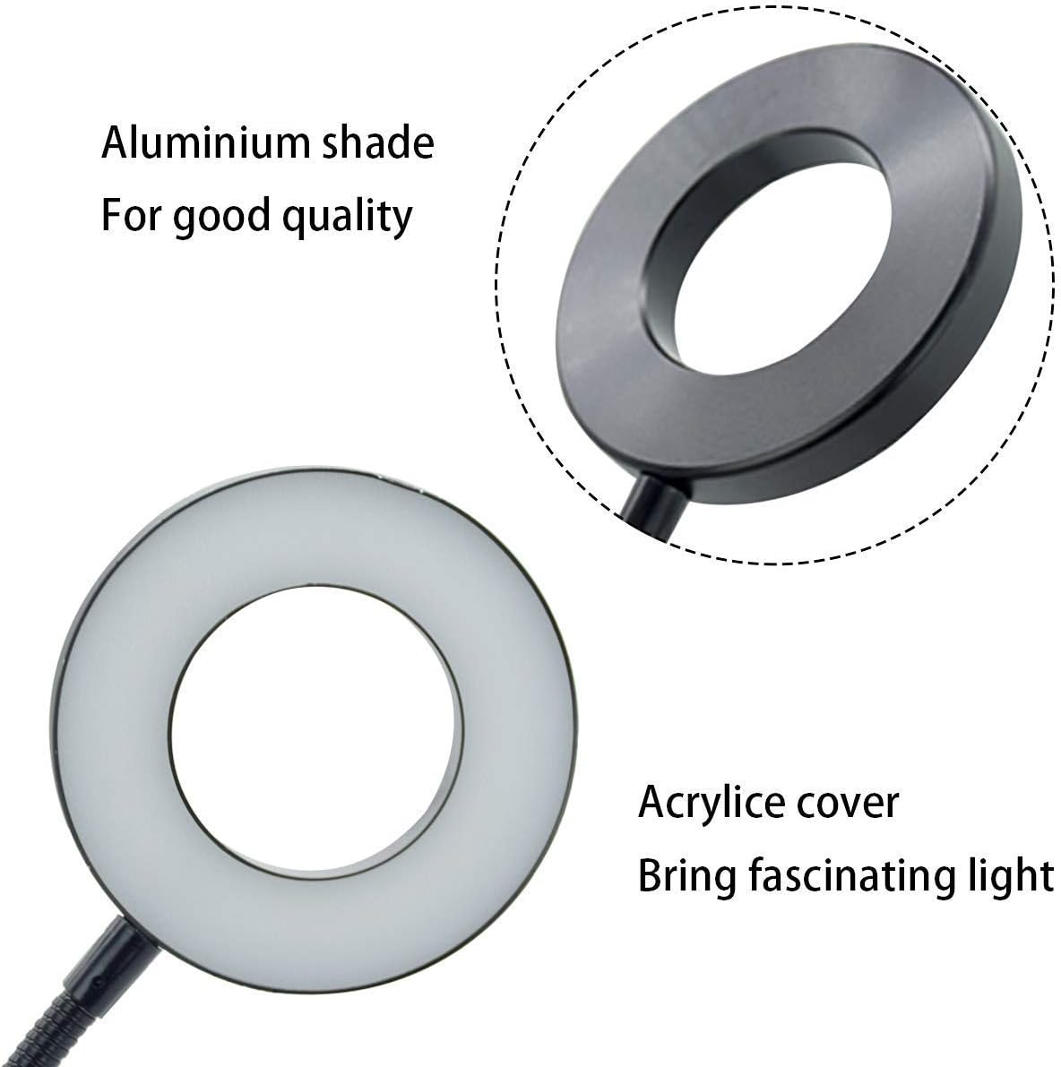 Close-up of DINGLILIGHTING LED Reading Light head, showing aluminum and acrylic materials