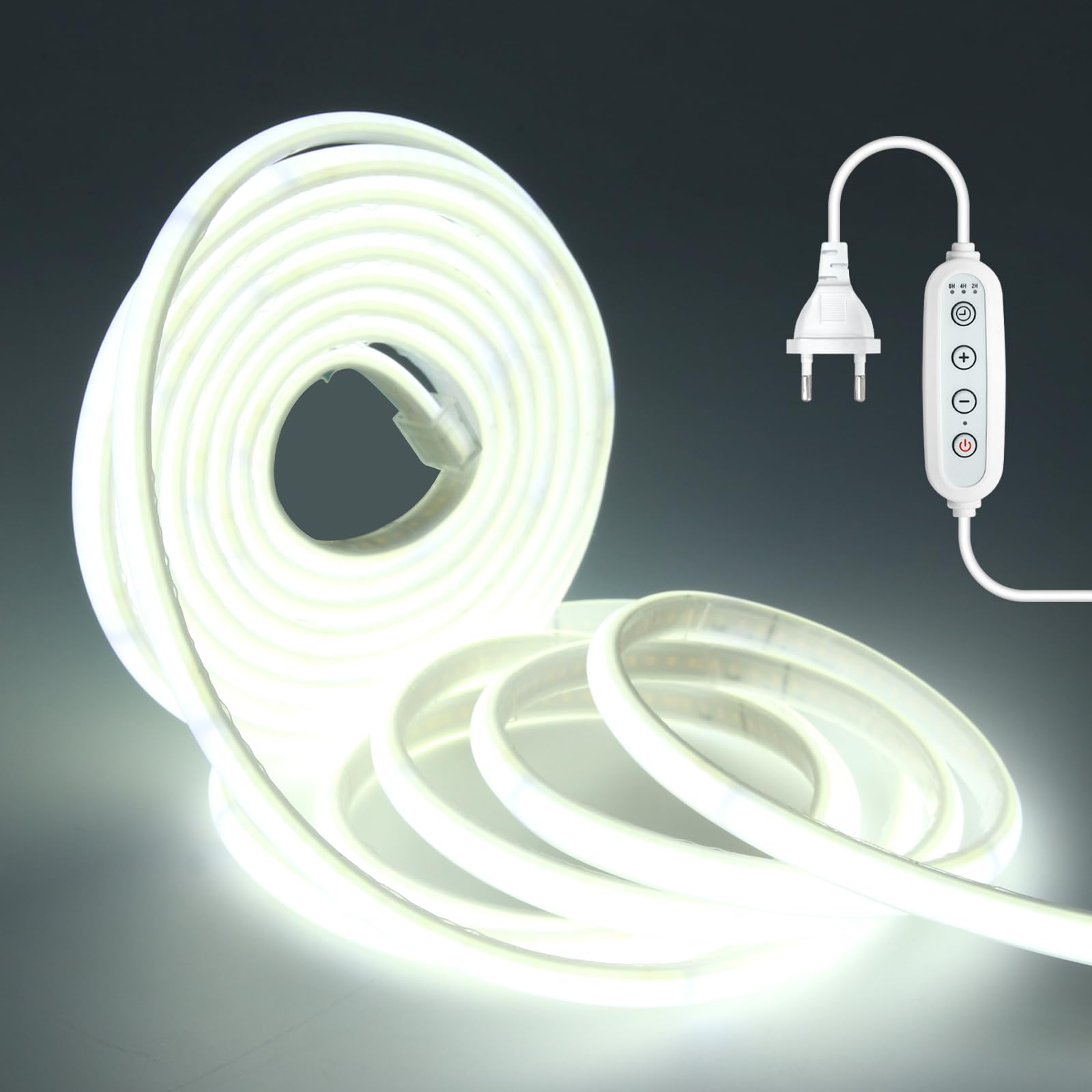 Dimmable Lumière au néon LED COB avec Fonction Minuterie, 230V 240 LEDs/m Ruban Led Flex Néon Bande Led, IP65 Etanche Bande Lumineuse Super Lumineux Pour Intérieur/Extérieur (Blanc, 15M)
